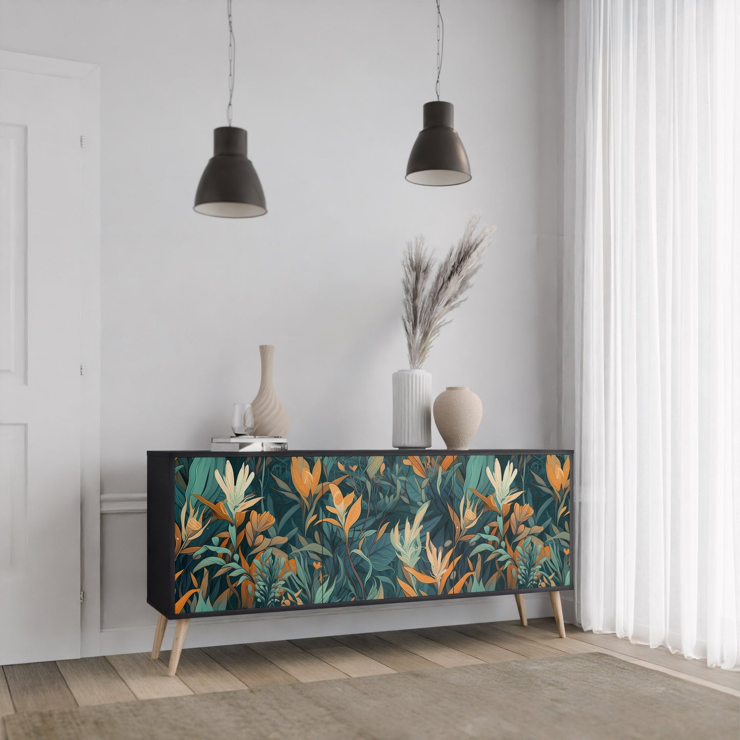 Credenza a 3 ante FLORAL SERENITY in finitura nera