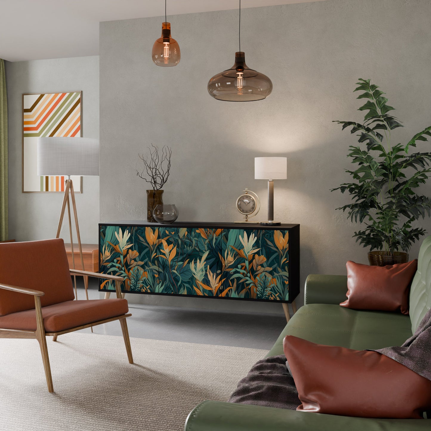 Credenza a 3 ante FLORAL SERENITY in finitura nera