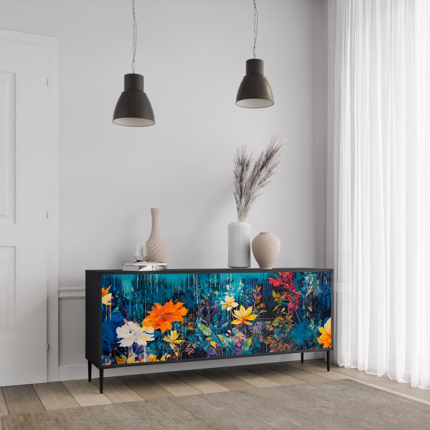 Credenza a 3 ante MIDNIGHT BLOSSOM in finitura nera