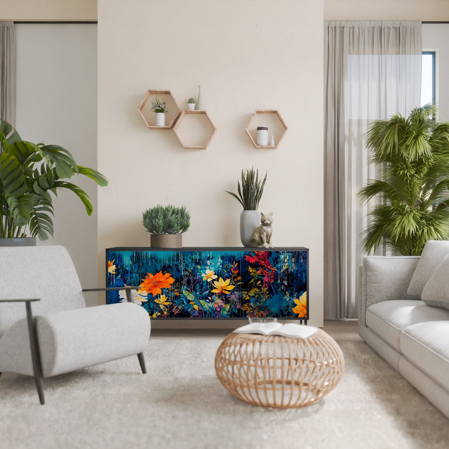 Credenza a 3 ante MIDNIGHT BLOSSOM in finitura nera