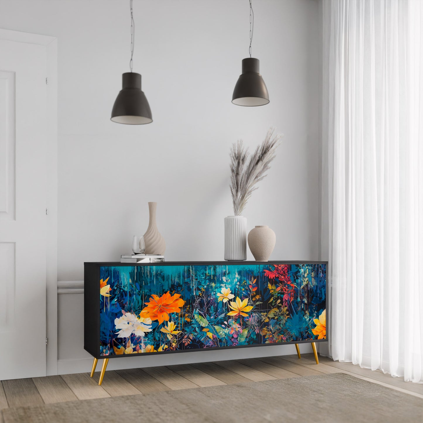 Credenza a 3 ante MIDNIGHT BLOSSOM in finitura nera