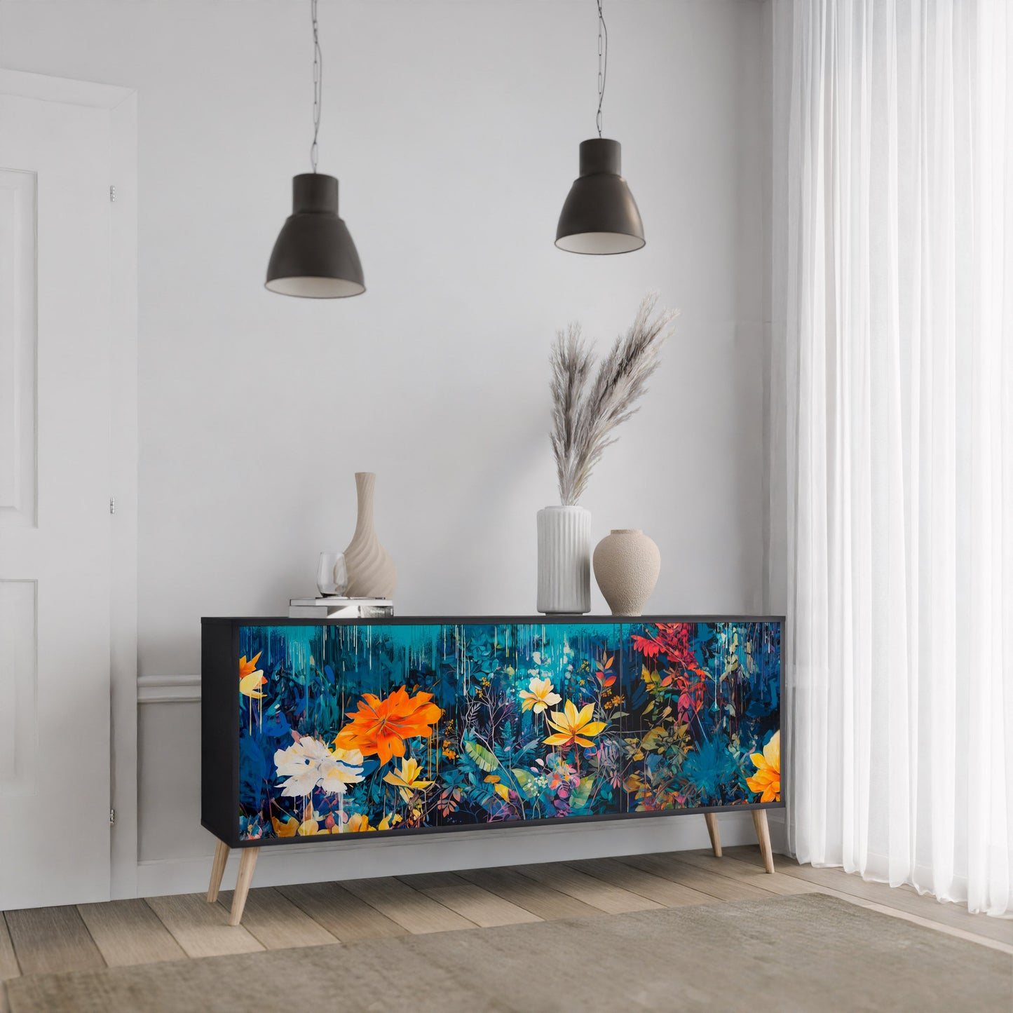 Credenza a 3 ante MIDNIGHT BLOSSOM in finitura nera