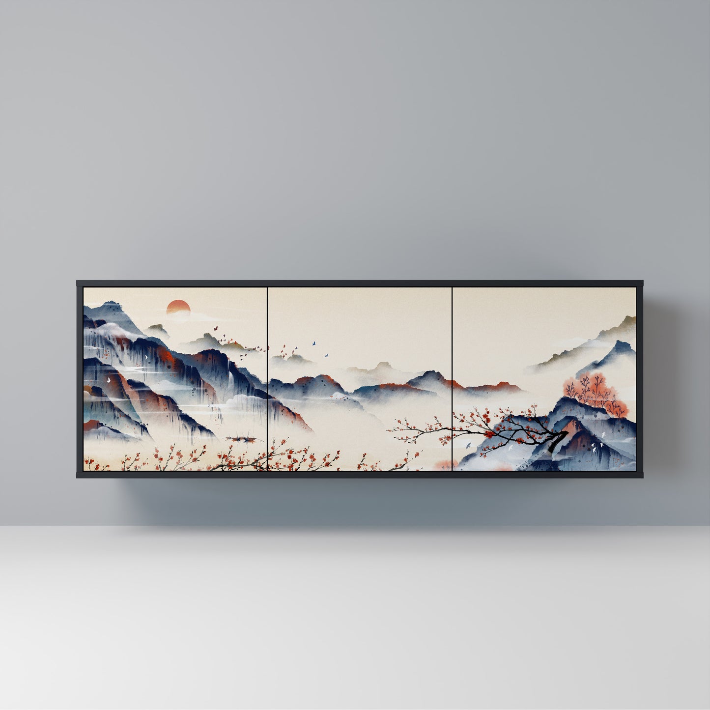 JAPANESE LANDSCAPE Madia a 3 Ante in Finitura Nera