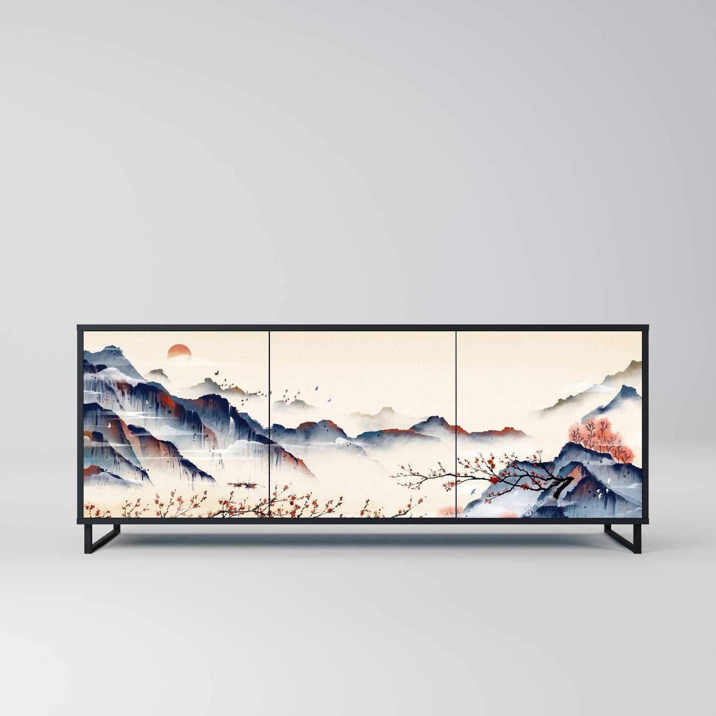 Credenza a 3 ante JAPANESE LANDSCAPE in finitura nera