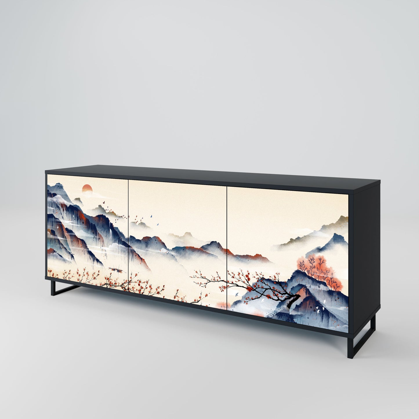 Credenza a 3 ante JAPANESE LANDSCAPE in finitura nera