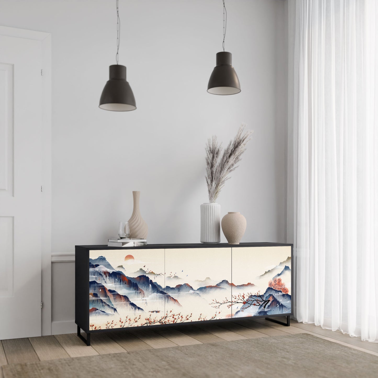 Credenza a 3 ante JAPANESE LANDSCAPE in finitura nera