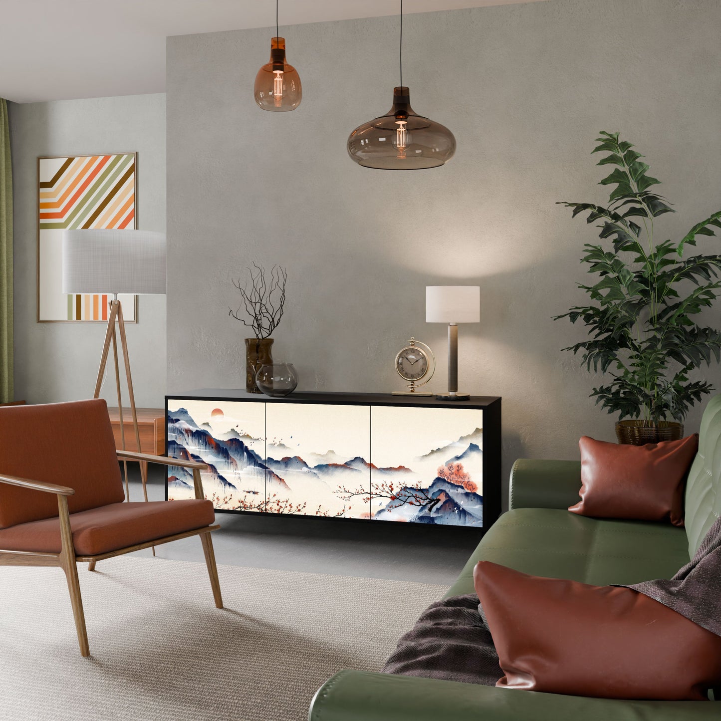 Credenza a 3 ante JAPANESE LANDSCAPE in finitura nera