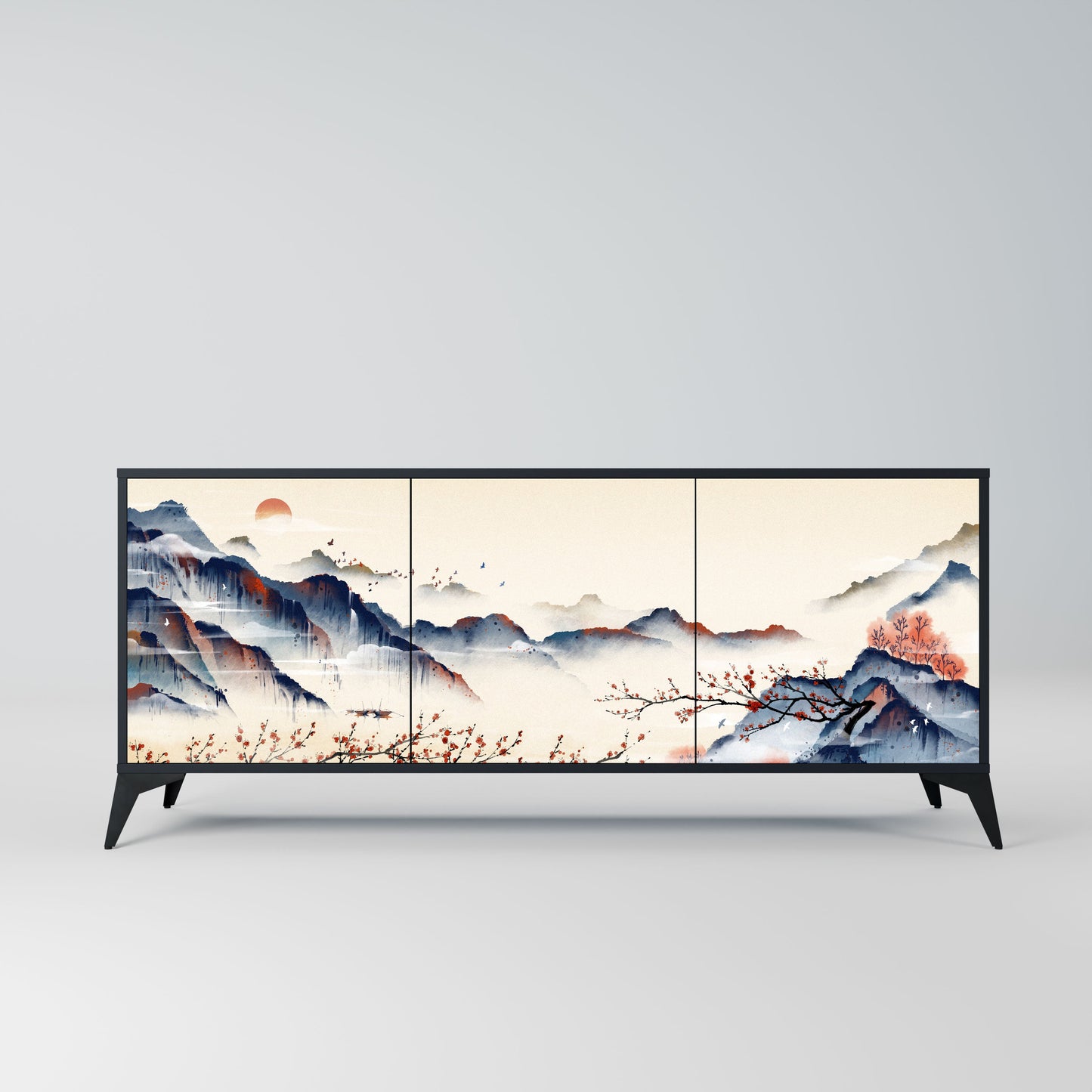 Credenza a 3 ante JAPANESE LANDSCAPE in finitura nera