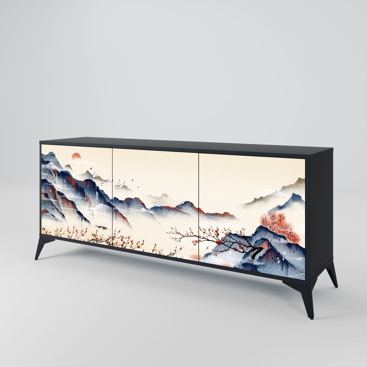 Credenza a 3 ante JAPANESE LANDSCAPE in finitura nera
