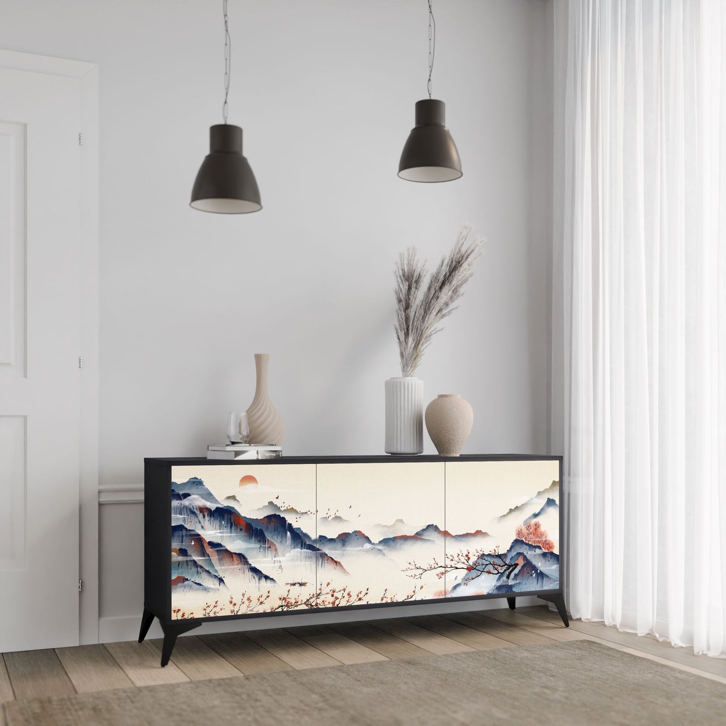 Credenza a 3 ante JAPANESE LANDSCAPE in finitura nera