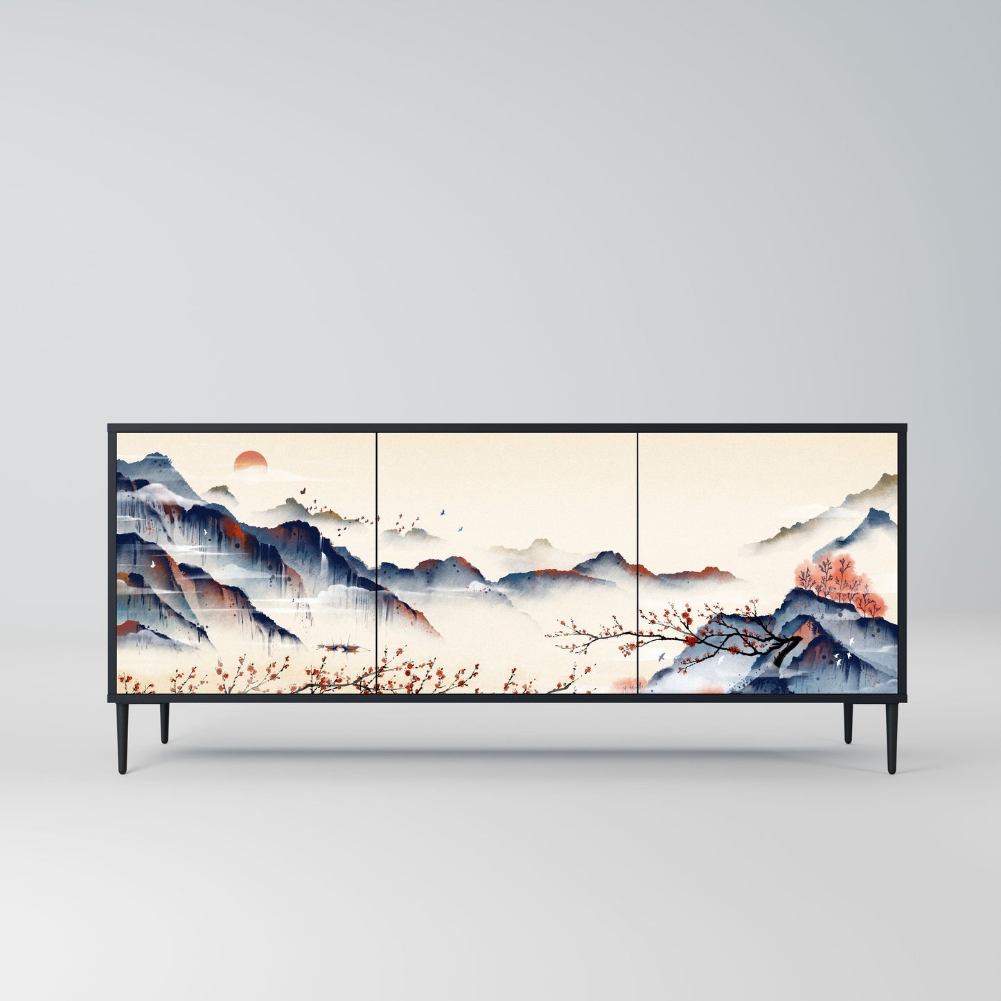 Credenza a 3 ante JAPANESE LANDSCAPE in finitura nera