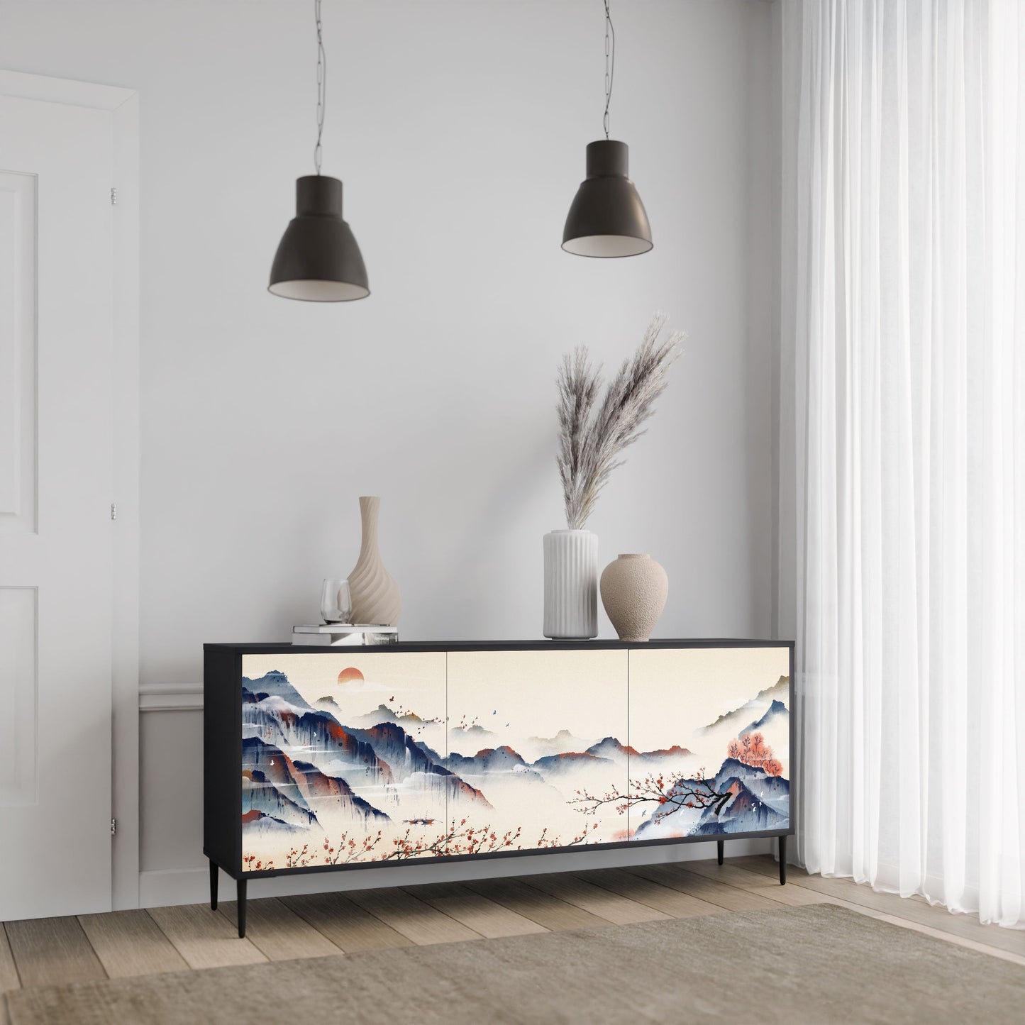 Credenza a 3 ante JAPANESE LANDSCAPE in finitura nera
