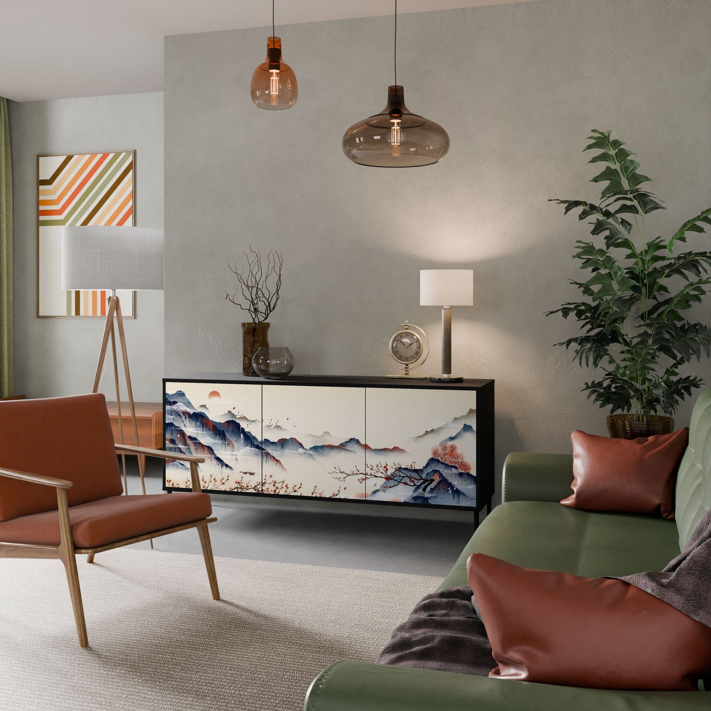 Credenza a 3 ante JAPANESE LANDSCAPE in finitura nera