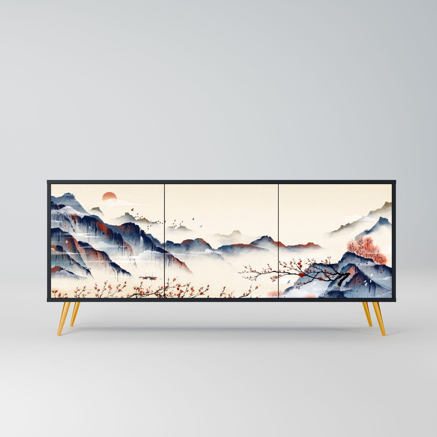 Credenza a 3 ante JAPANESE LANDSCAPE in finitura nera