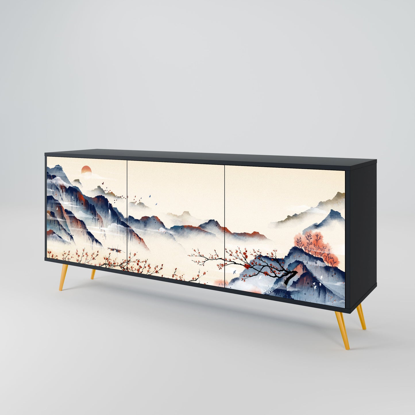 Credenza a 3 ante JAPANESE LANDSCAPE in finitura nera