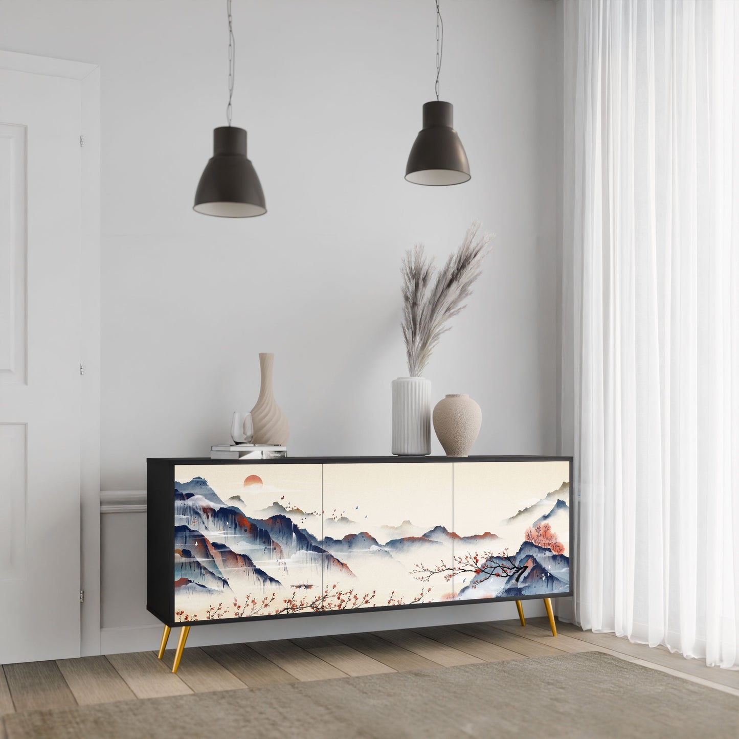 Credenza a 3 ante JAPANESE LANDSCAPE in finitura nera