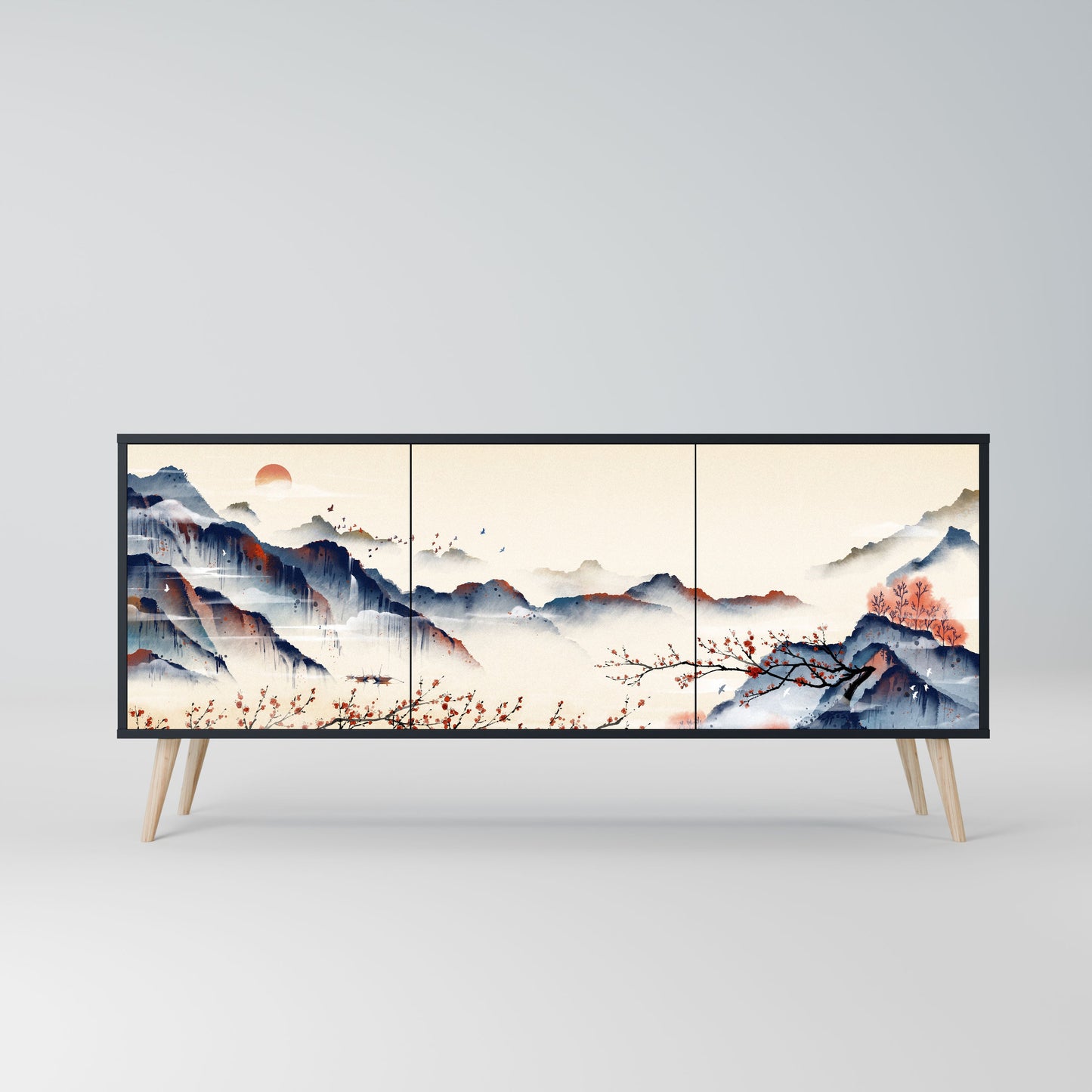 Credenza a 3 ante JAPANESE LANDSCAPE in finitura nera