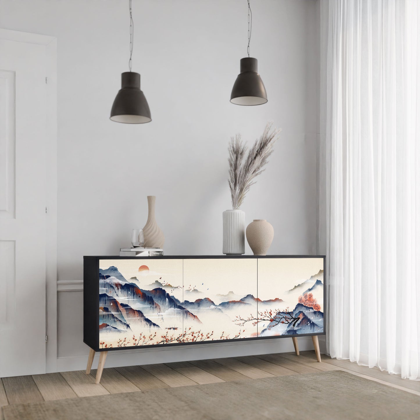 Credenza a 3 ante JAPANESE LANDSCAPE in finitura nera