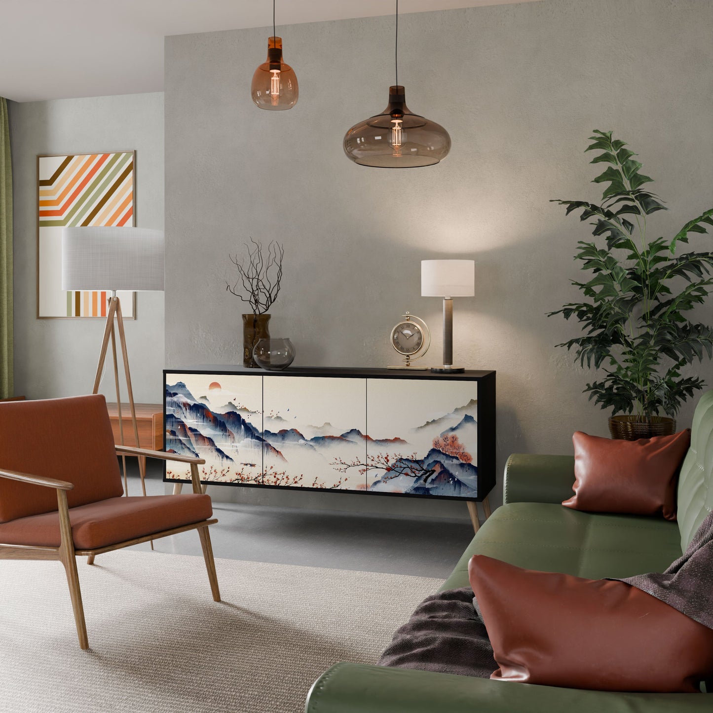 Credenza a 3 ante JAPANESE LANDSCAPE in finitura nera