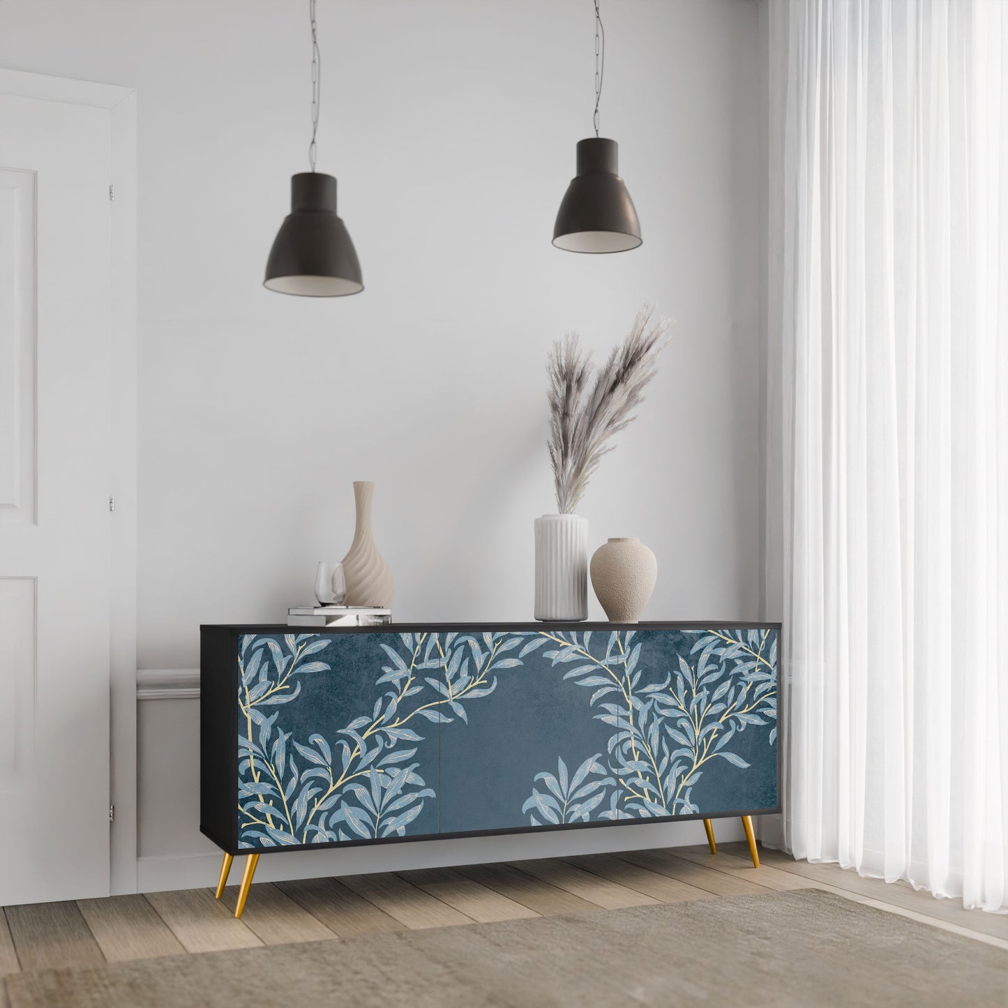 BLUE LEAVES 3-Door Sideboard in Black Finish