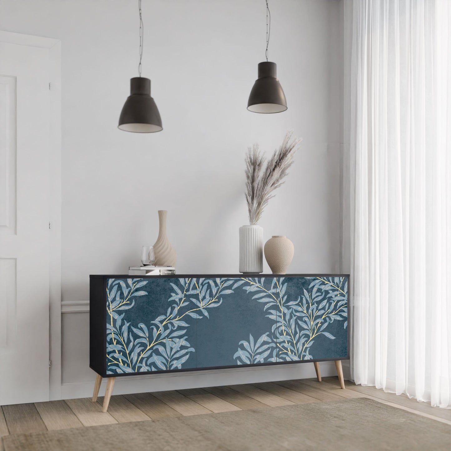 BLUE LEAVES 3-Door Sideboard in Black Finish
