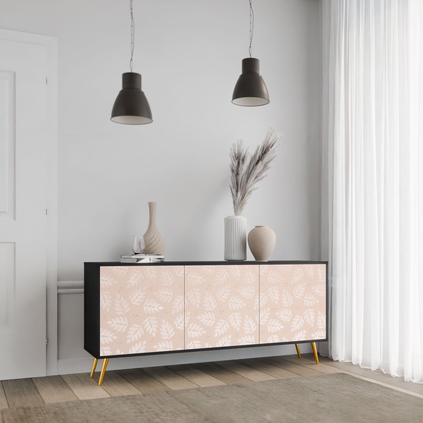 Credenza LEAVES ON BEIGE a 3 ante in finitura nera
