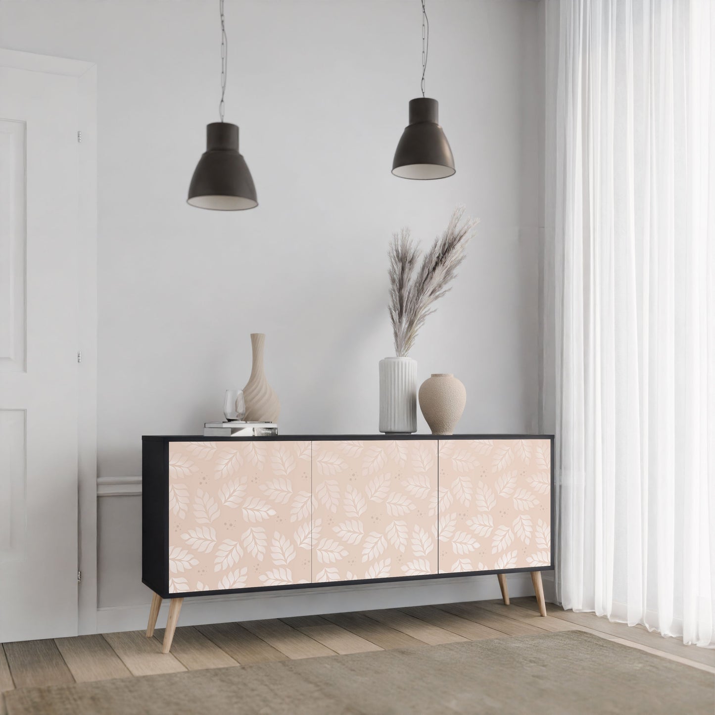 Credenza LEAVES ON BEIGE a 3 ante in finitura nera