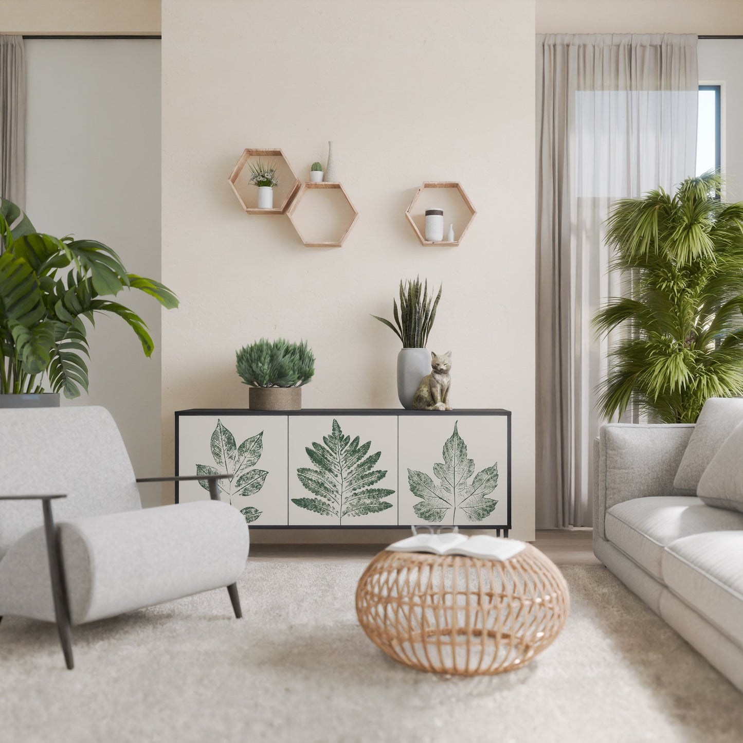 Credenza a 3 ante GREEN LEAFY STAMPS con finitura nera