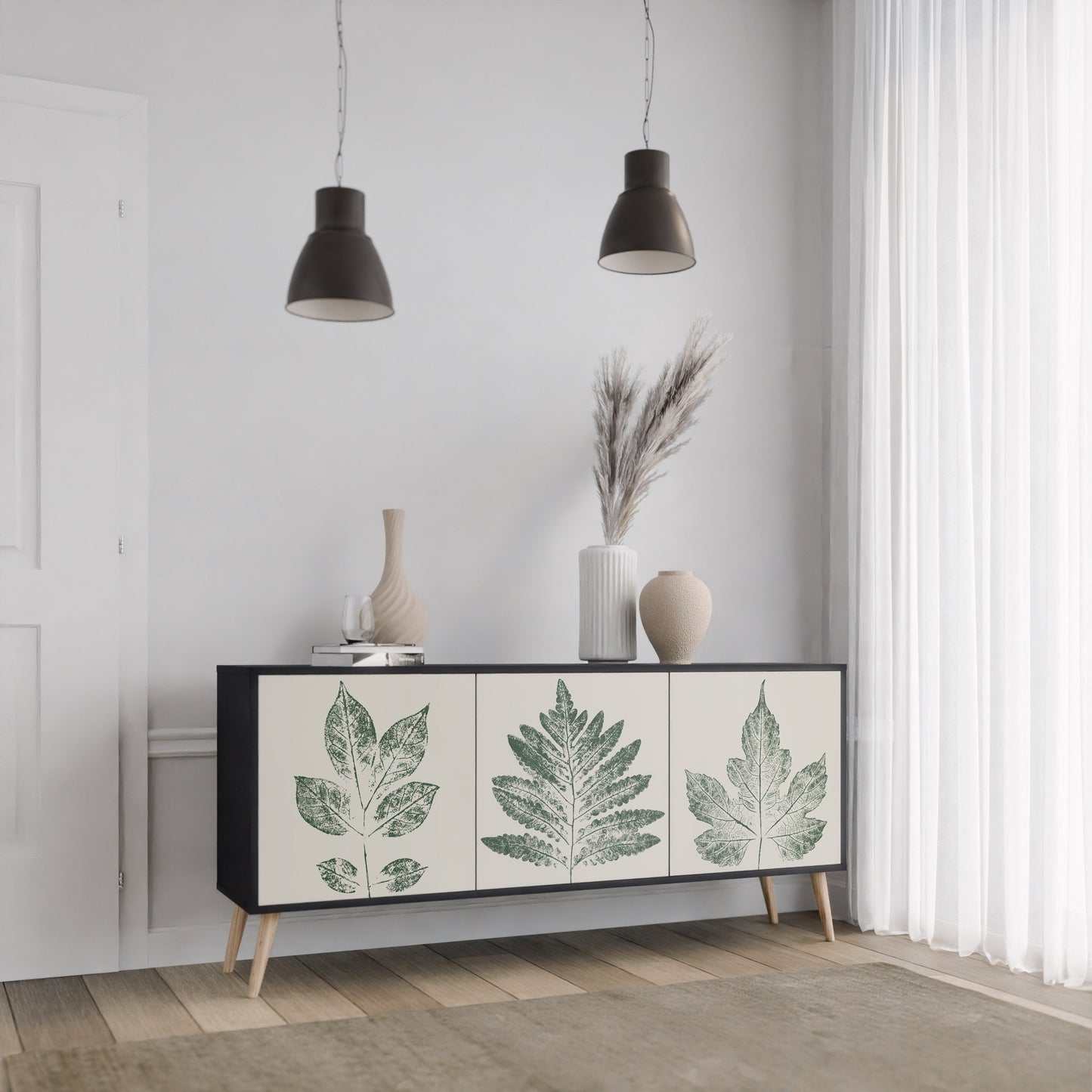Credenza a 3 ante GREEN LEAFY STAMPS con finitura nera