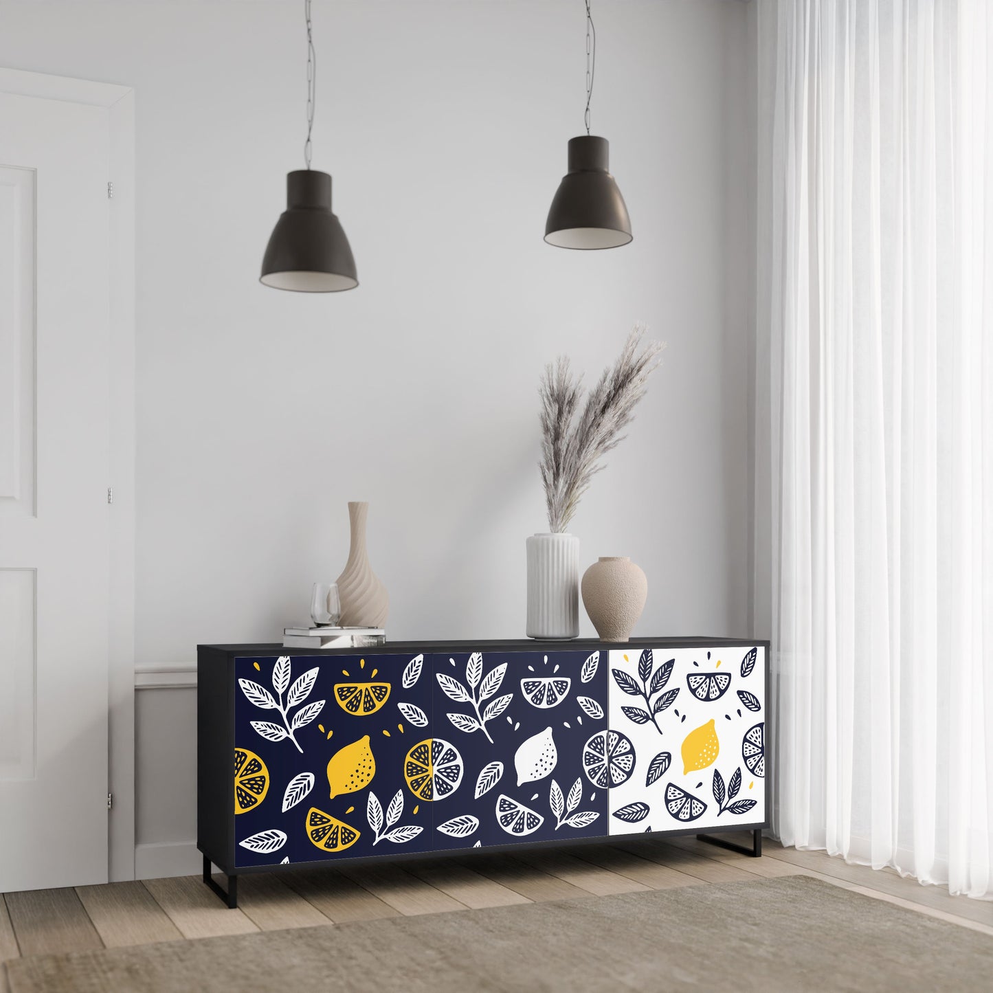 Credenza a 3 ante CITRUS BLACK AND WHITE in finitura nera