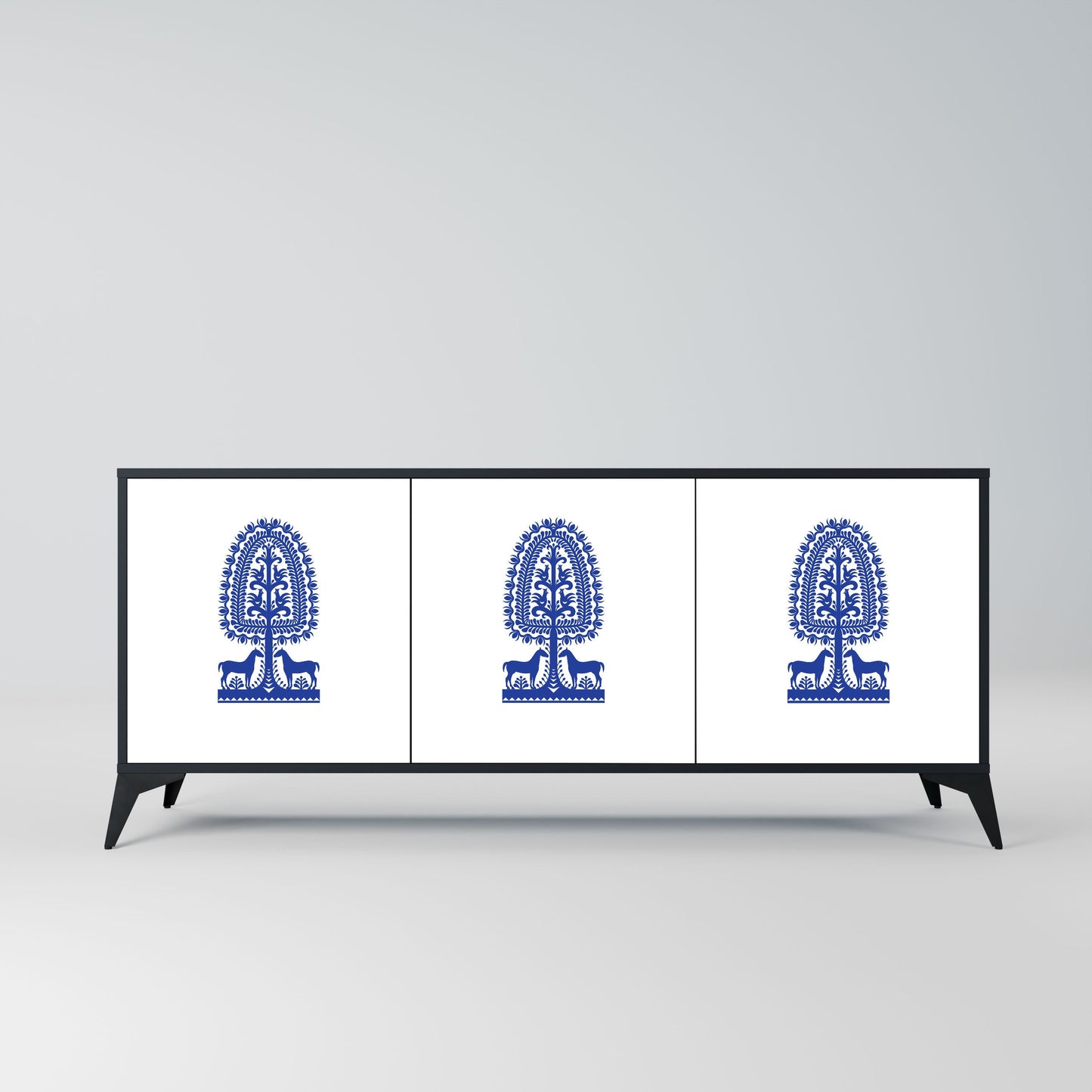 Credenza a 3 ante in stile FOLK ART POLACCO con finitura nera