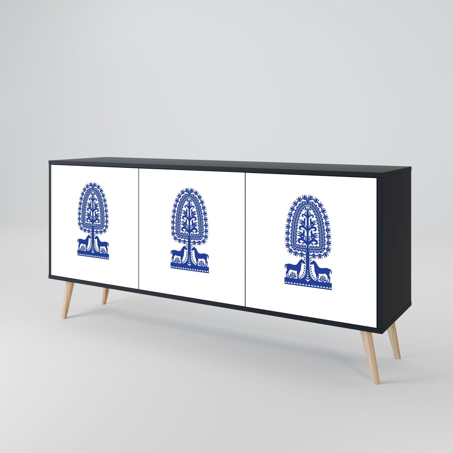 Credenza a 3 ante in stile FOLK ART POLACCO con finitura nera