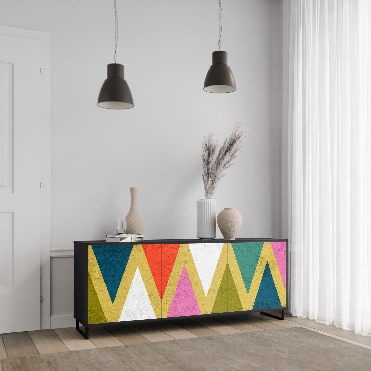 COLORFUL TRIANGLES 3-Door Sideboard in Black Finish