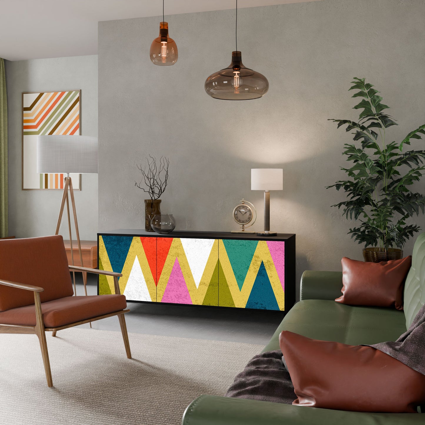 COLORFUL TRIANGLES 3-Door Sideboard in Black Finish