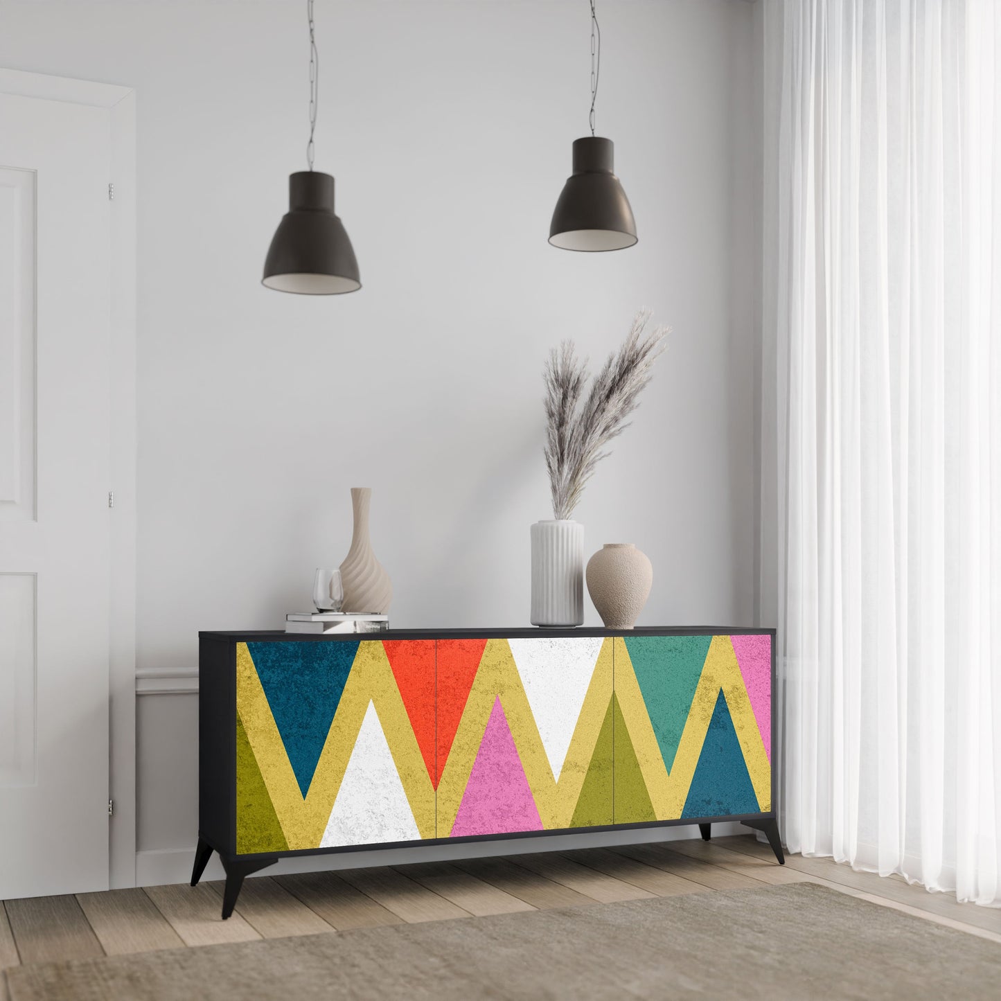 COLORFUL TRIANGLES 3-Door Sideboard in Black Finish
