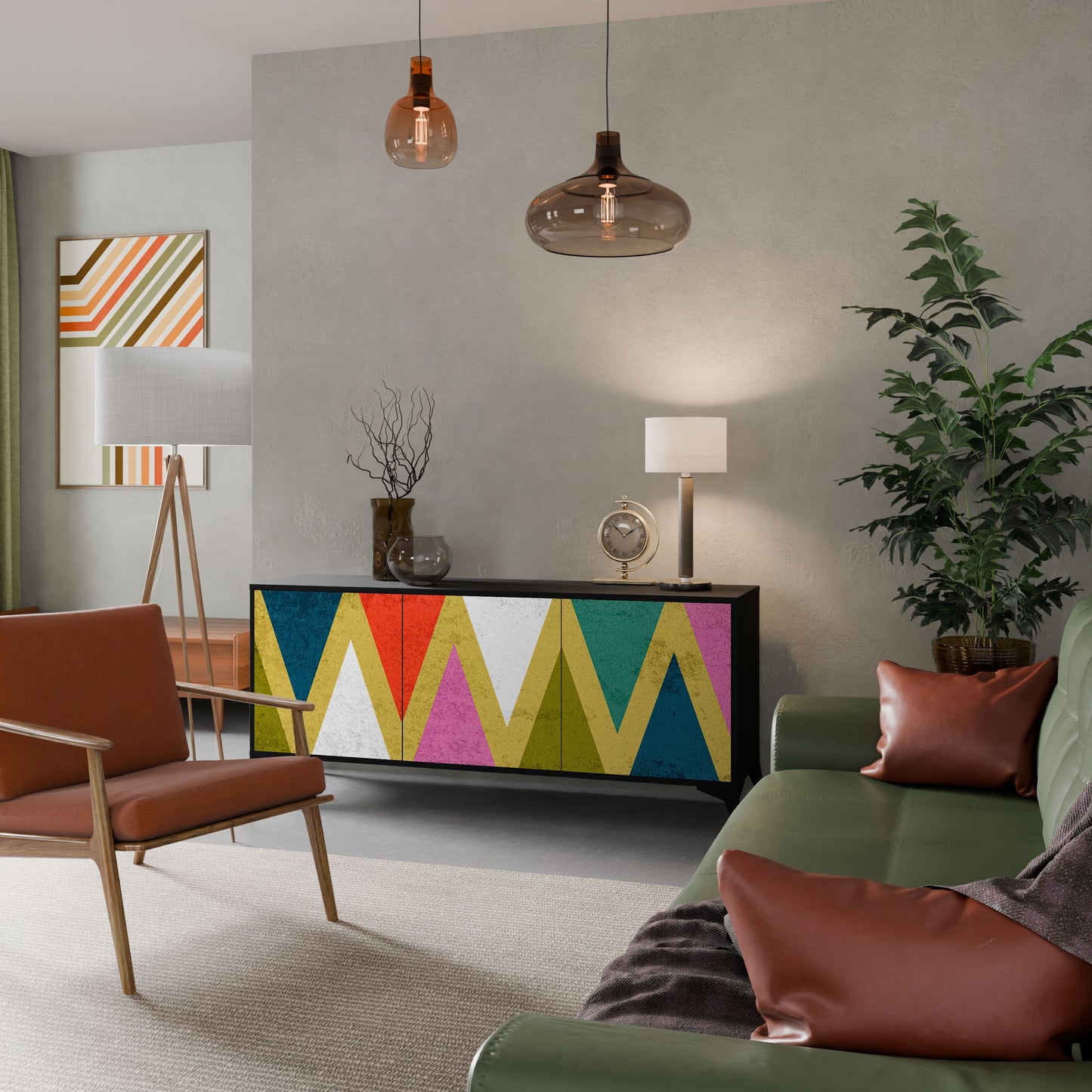 COLORFUL TRIANGLES 3-Door Sideboard in Black Finish