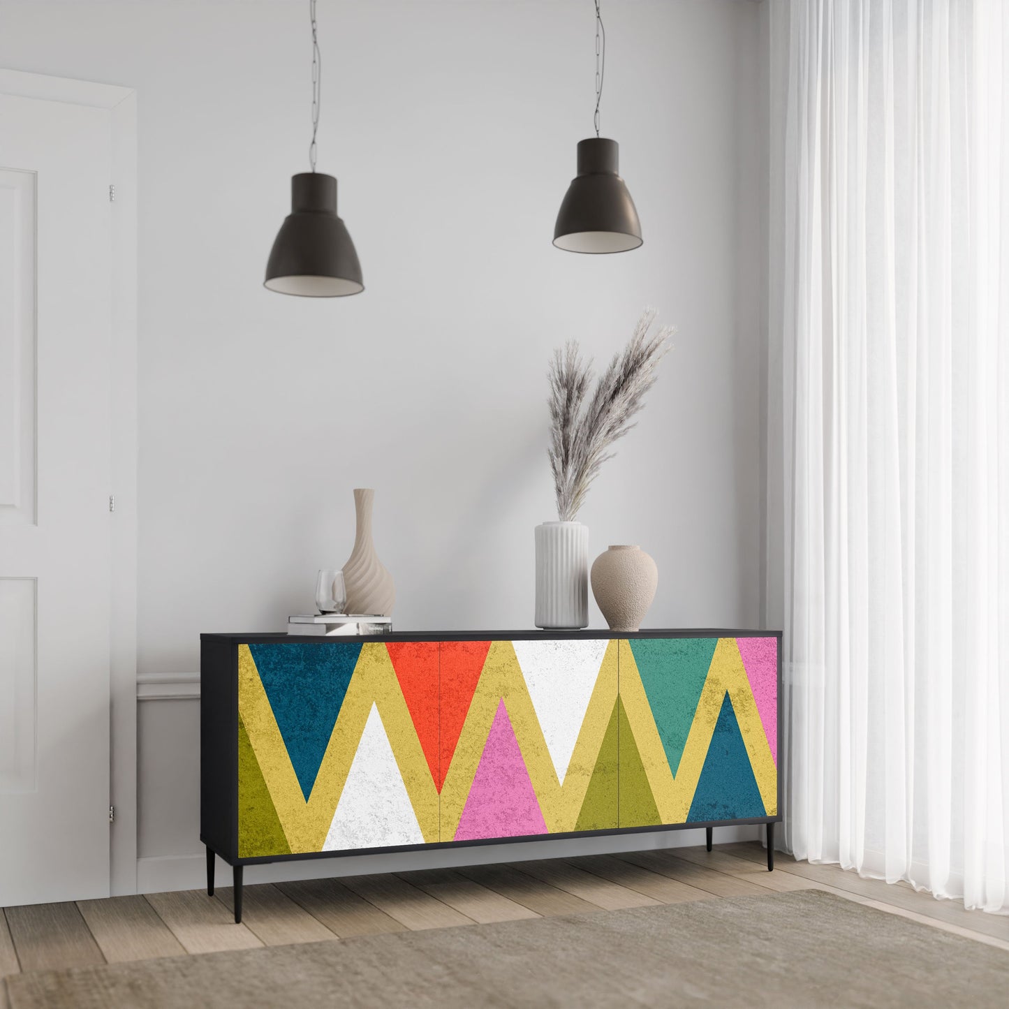 COLORFUL TRIANGLES 3-Door Sideboard in Black Finish