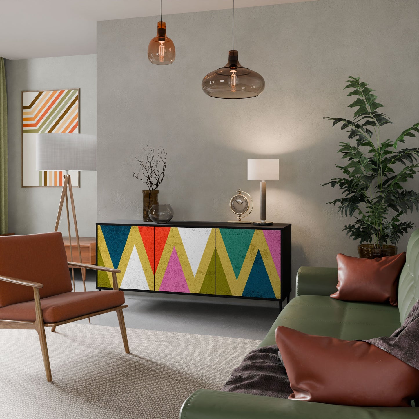 COLORFUL TRIANGLES 3-Door Sideboard in Black Finish