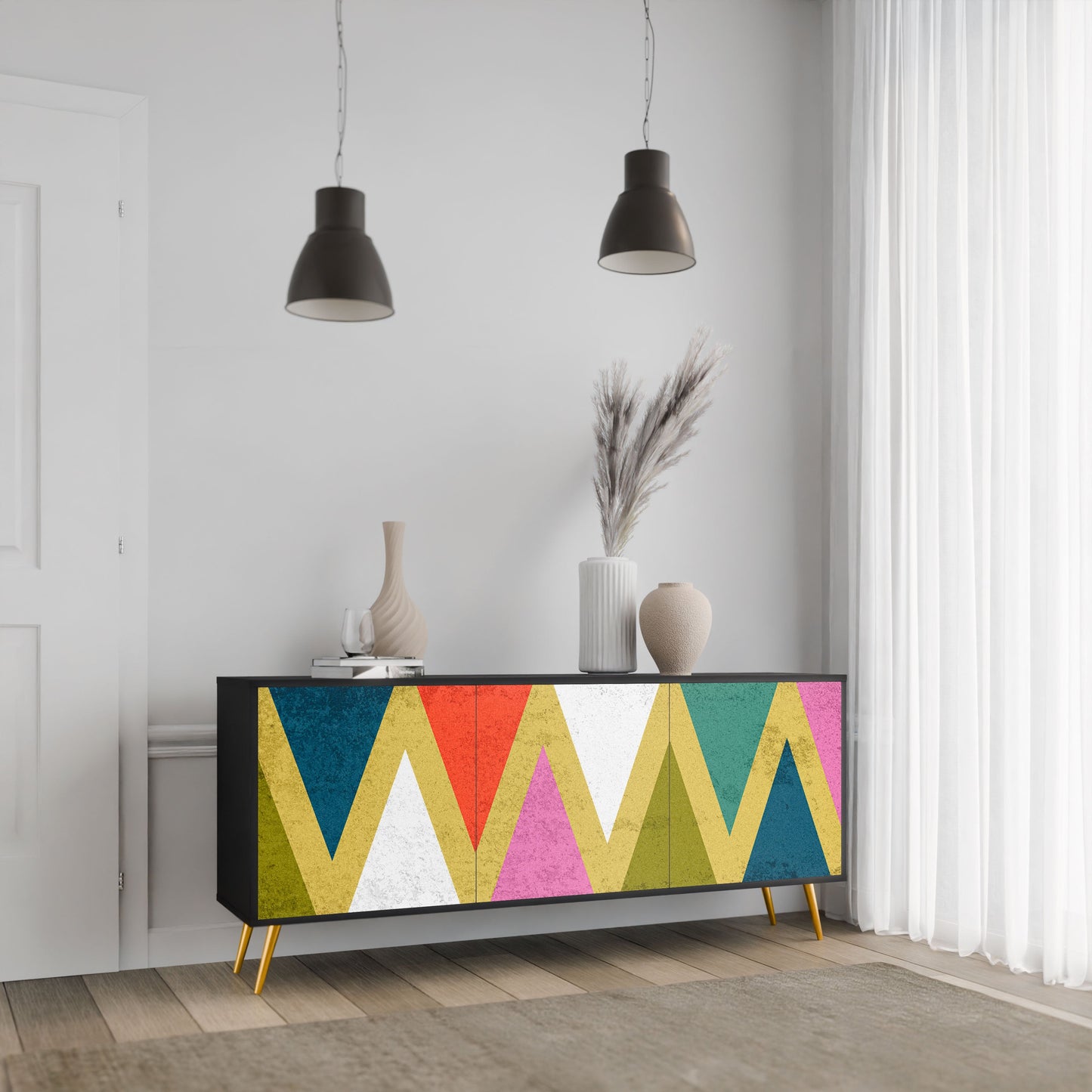 COLORFUL TRIANGLES 3-Door Sideboard in Black Finish