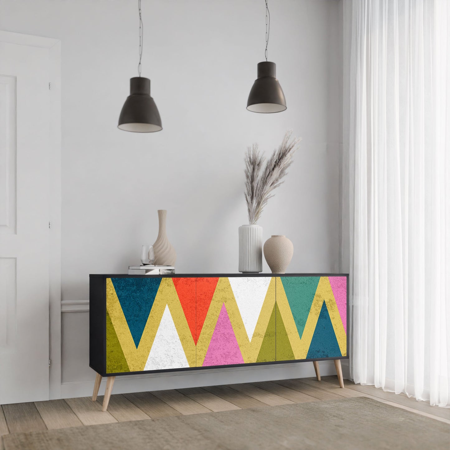 COLORFUL TRIANGLES 3-Door Sideboard in Black Finish