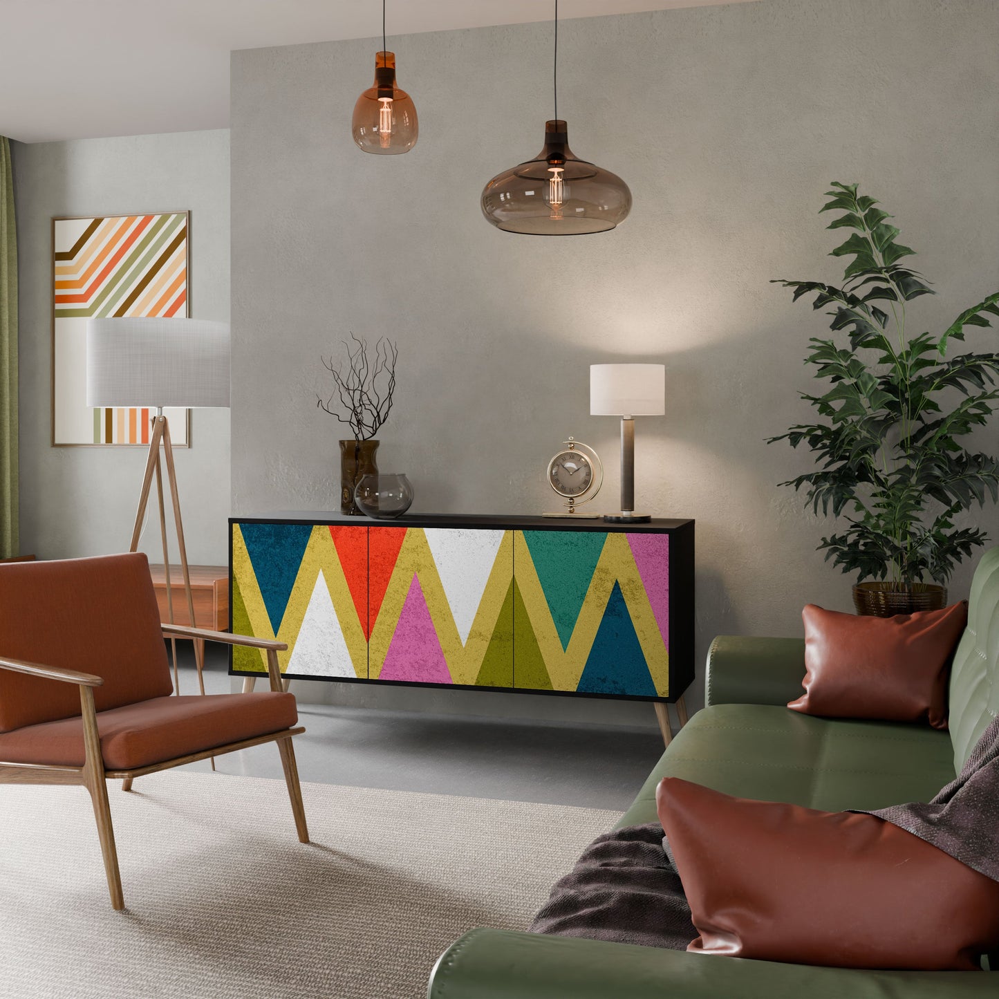 COLORFUL TRIANGLES 3-Door Sideboard in Black Finish