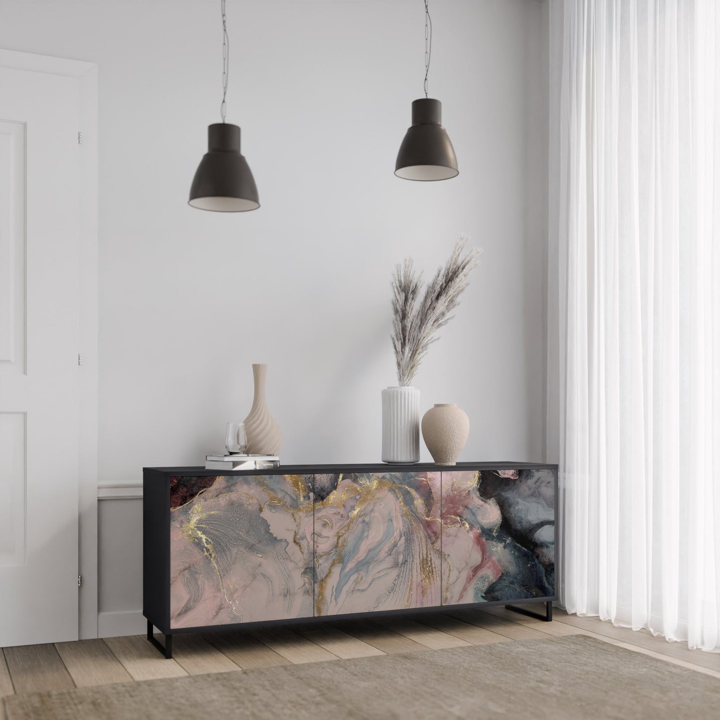 Credenza a 3 ante GILDED SWIRLS in finitura nera