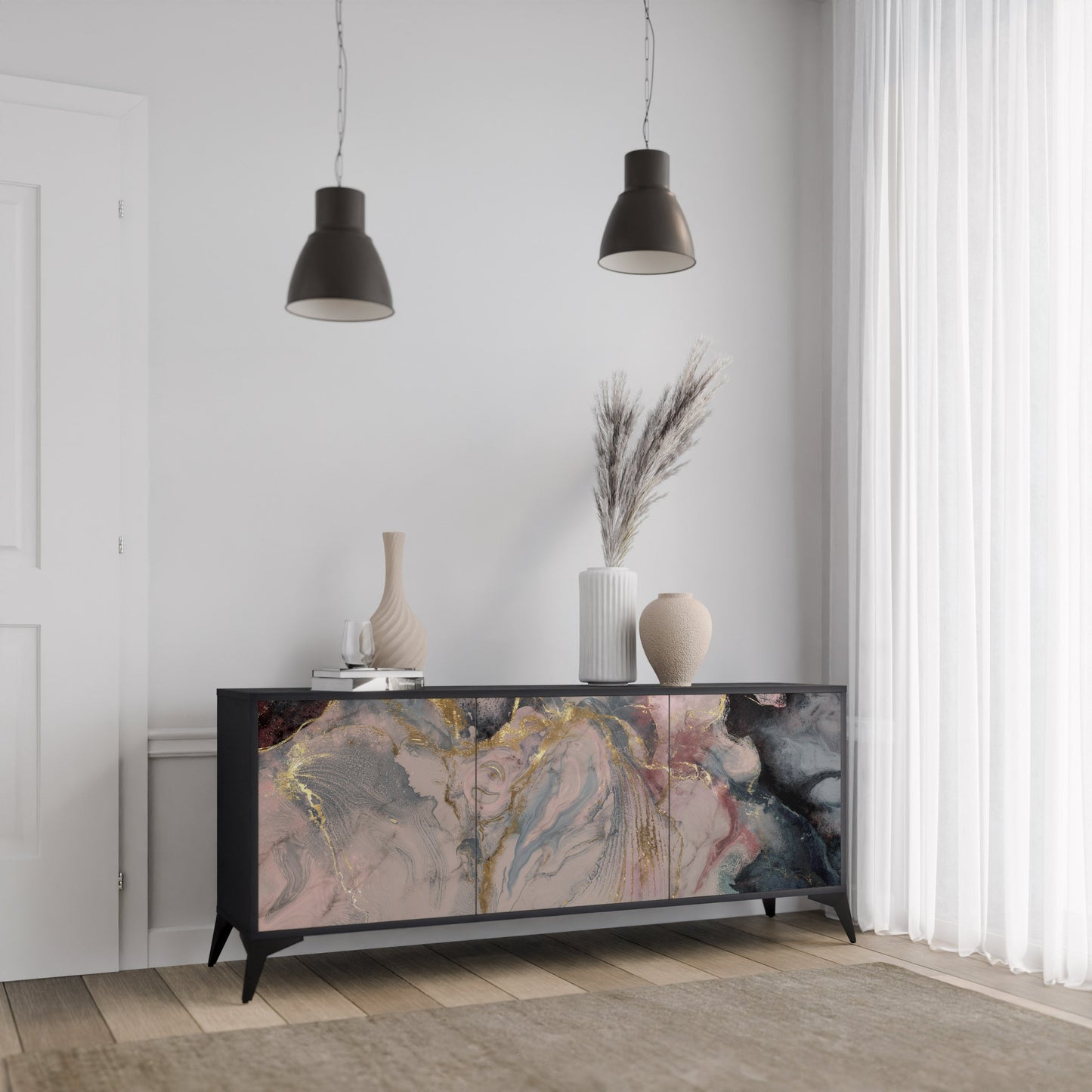 Credenza a 3 ante GILDED SWIRLS in finitura nera