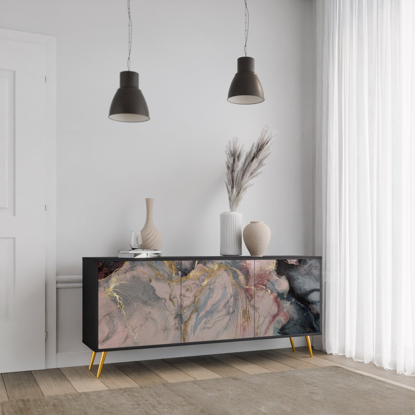 Credenza a 3 ante GILDED SWIRLS in finitura nera