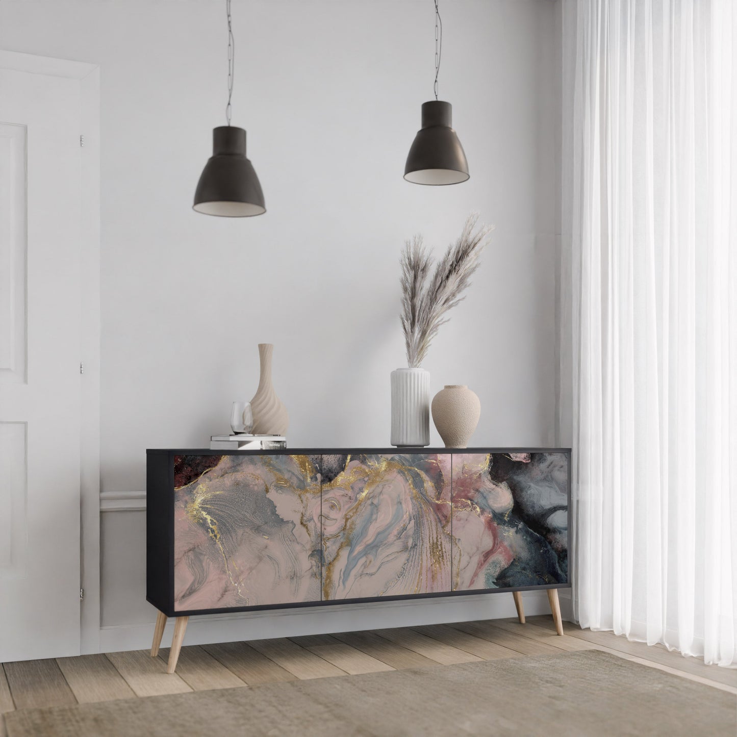Credenza a 3 ante GILDED SWIRLS in finitura nera