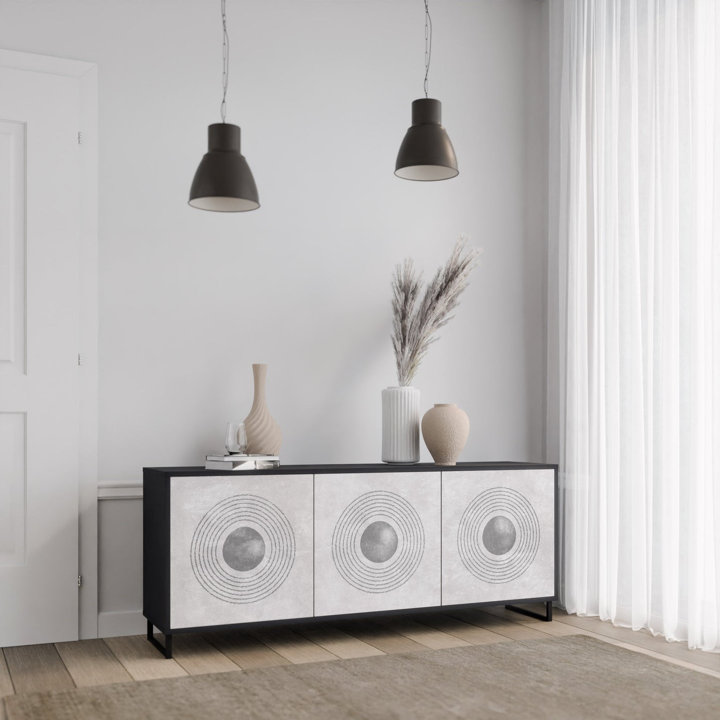 Credenza a 3 ante SOLID CIRCLES in finitura nera