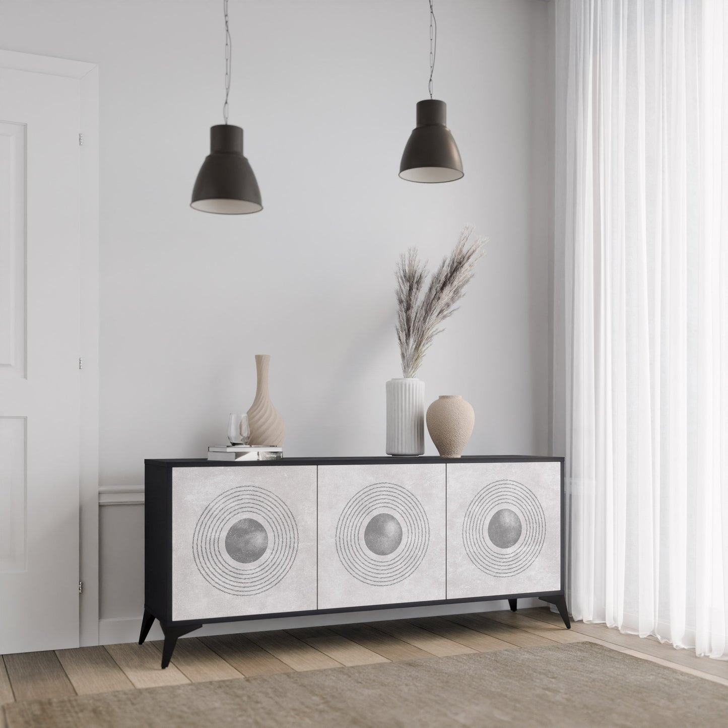 Credenza a 3 ante SOLID CIRCLES in finitura nera