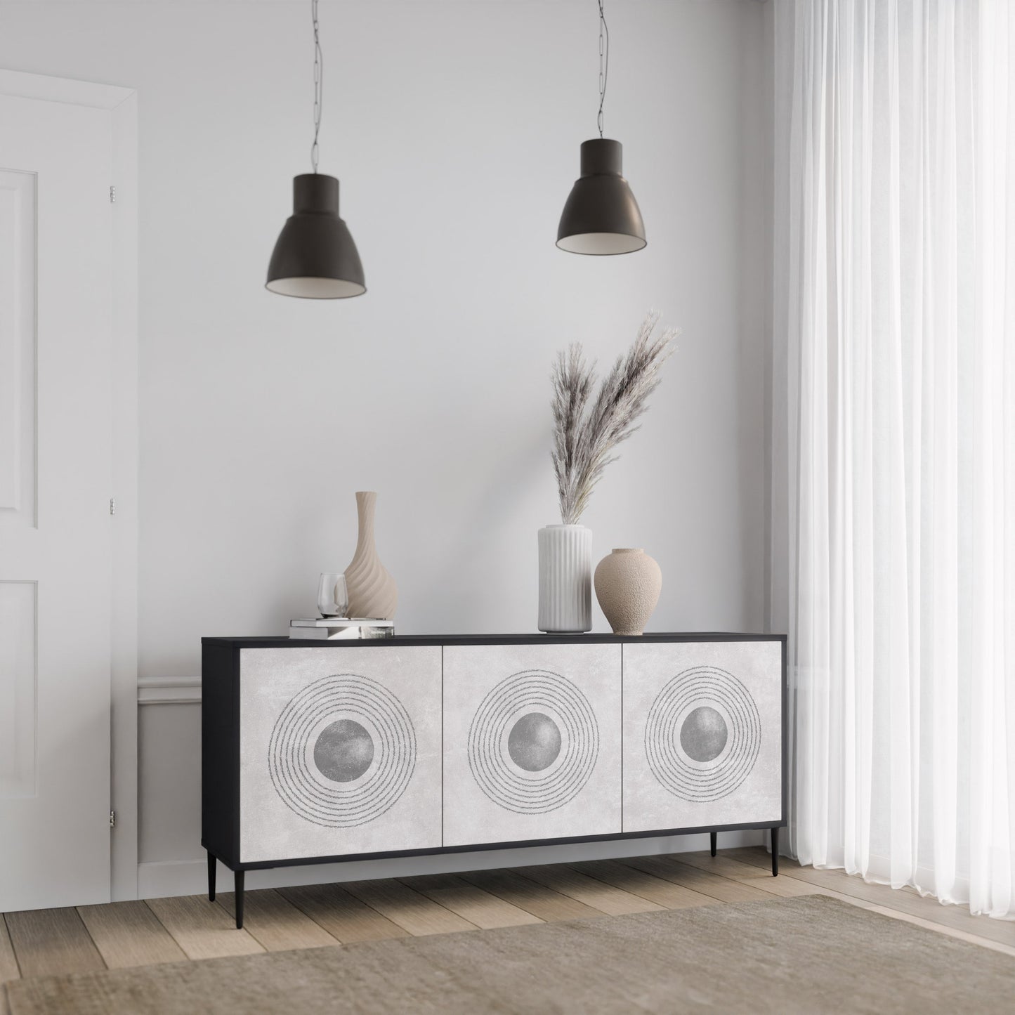 Credenza a 3 ante SOLID CIRCLES in finitura nera