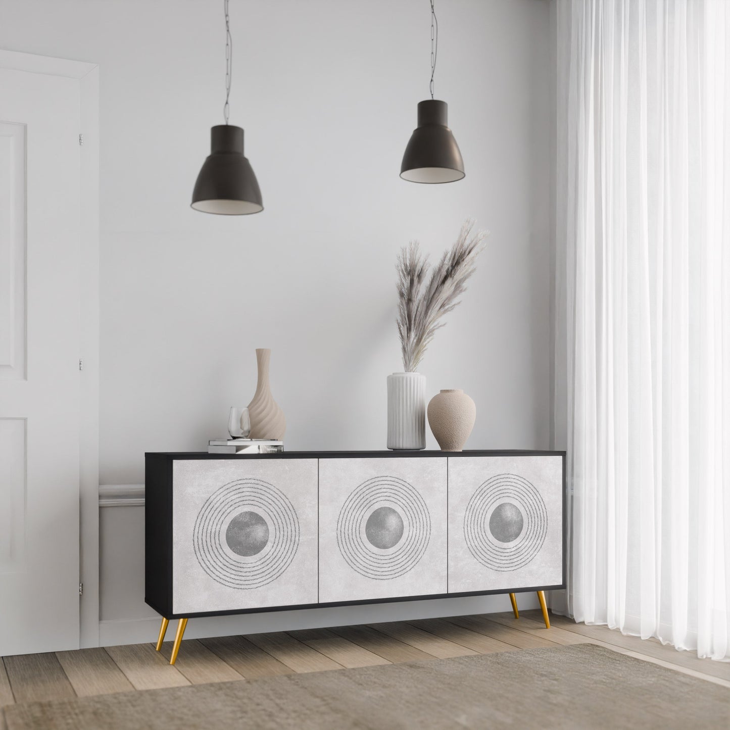 Credenza a 3 ante SOLID CIRCLES in finitura nera
