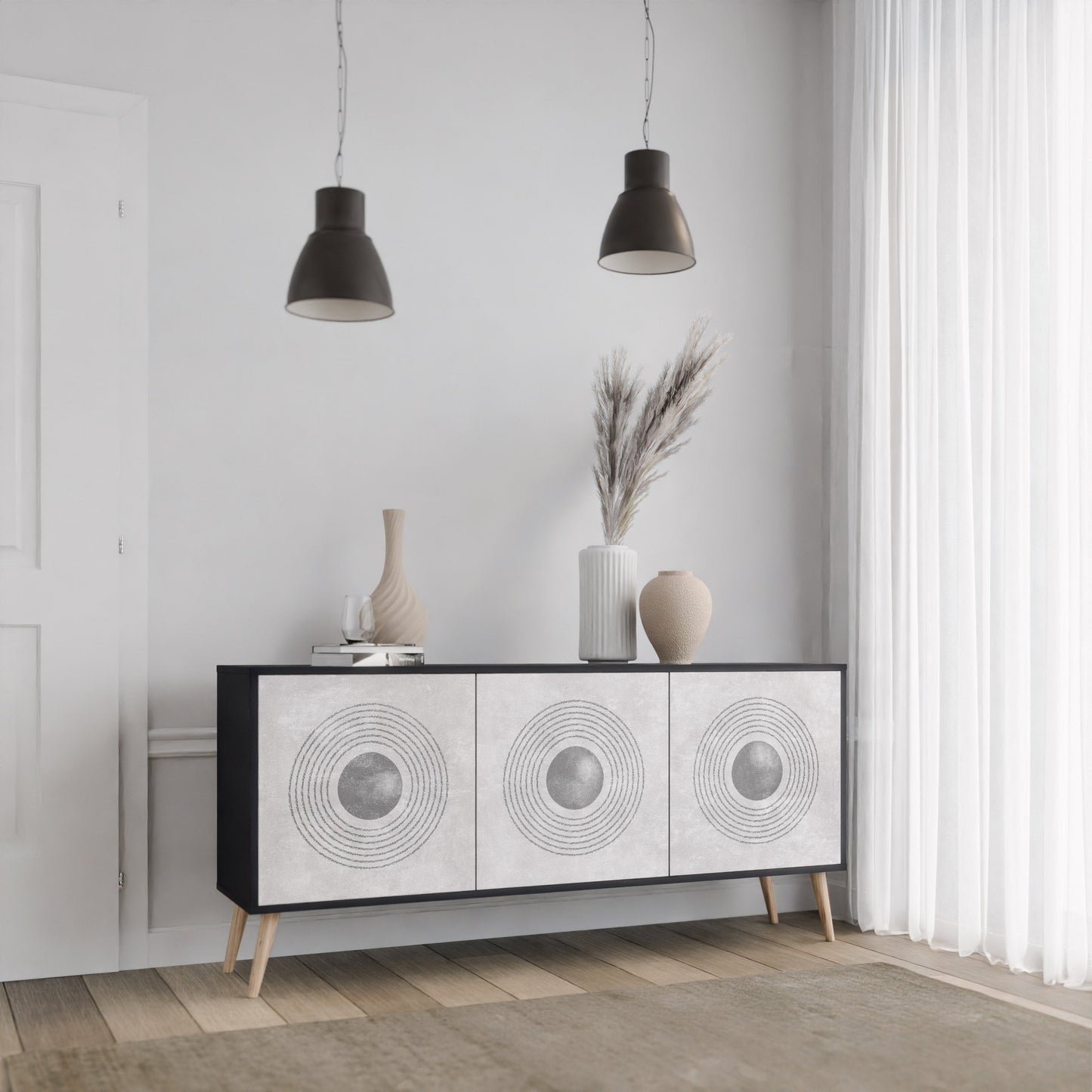 Credenza a 3 ante SOLID CIRCLES in finitura nera